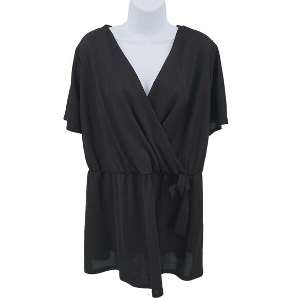Lane Bryant Black Surplice Peplum Blouse Womens 14/16 Faux Wrap Flutter Sleeve - Picture 1 of 5